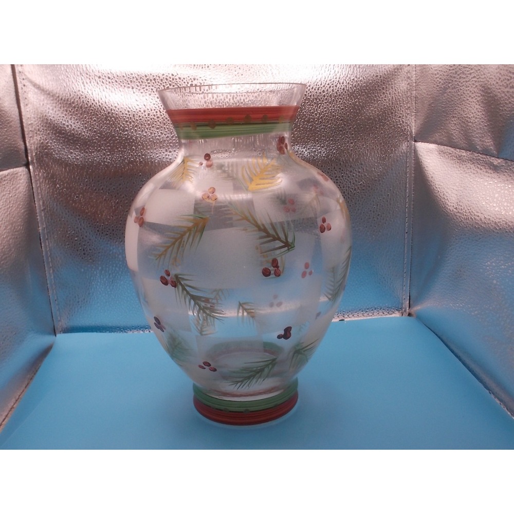 Hand Painted Christmas Glass Vase Pine Needles Berries Frosted Holiday Decor